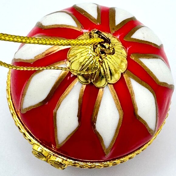 Red Gold Hinged Ornament Box White Accents 2" Diameter Decorative Christmas - Picture 4 of 6